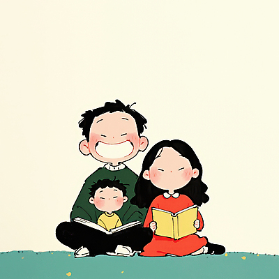 JPG 여자 남자 행복 어린이 일러스트 가족 안기 함께함 따뜻함 사랑 웃음 들기 앉기 소년 성인 일상 책 세명 독서 눈감음 화목 국내일러스트 AI일러스트 AI콘텐츠 감정 컨셉 관계 모션 표정 사람 라이프 파일형식