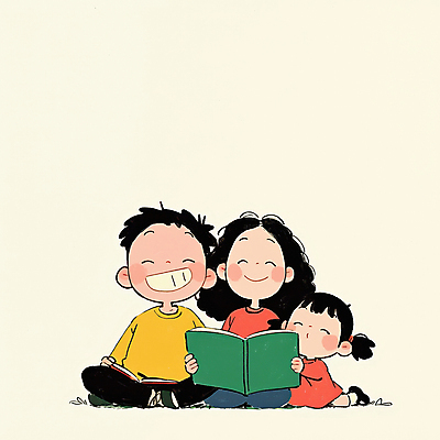 JPG 여자 남자 행복 어린이 일러스트 가족 함께함 따뜻함 사랑 웃음 들기 앉기 소녀 성인 일상 책 세명 독서 화목 국내일러스트 AI일러스트 AI콘텐츠 감정 컨셉 관계 모션 표정 사람 라이프 파일형식