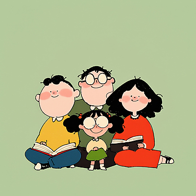 JPG 여자 남자 행복 어린이 일러스트 가족 함께함 따뜻함 사랑 미소 들기 앉기 소녀 소년 여러명 성인 일상 책 독서 화목 안경낌 국내일러스트 AI일러스트 AI콘텐츠 감정 안경 다수 컨셉 관계 모션 표정 사람 라이프 파일형식