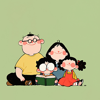 JPG 여자 남자 행복 어린이 일러스트 가족 함께함 따뜻함 사랑 미소 들기 앉기 소녀 소년 여러명 성인 일상 책 독서 화목 안경낌 국내일러스트 AI일러스트 AI콘텐츠 감정 안경 다수 컨셉 관계 모션 표정 사람 라이프 파일형식