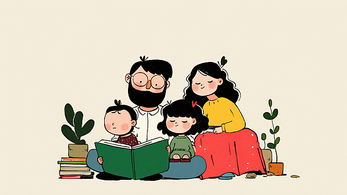 JPG 여자 남자 행복 화분 화초 어린이 일러스트 가족 안기 함께함 따뜻함 사랑 들기 앉기 소녀 소년 여러명 성인 일상 책 독서 화목 안경낌 국내일러스트 AI일러스트 AI콘텐츠 식물 감정 안경 다수 컨셉 관계 모션 사람 라이프 파일형식