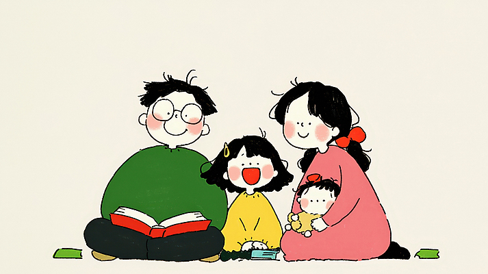 JPG 여자 남자 행복 어린이 일러스트 가족 안기 함께함 따뜻함 사랑 웃음 들기 앉기 소녀 여러명 성인 일상 책 독서 화목 아기 안경낌 국내일러스트 AI일러스트 AI콘텐츠 감정 안경 다수 컨셉 관계 모션 표정 사람 라이프 파일형식