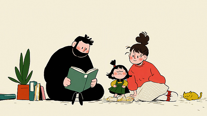 JPG 여자 남자 행복 화분 어린이 허리손 일러스트 가족 함께함 따뜻함 사랑 서기 들기 앉기 소녀 성인 일상 책 세명 독서 고양이 화목 국내일러스트 AI일러스트 AI콘텐츠 감정 포즈 컨셉 포유류 관계 모션 사람 라이프 반려동물 파일형식