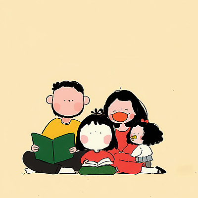 JPG 여자 남자 행복 어린이 일러스트 가족 함께함 따뜻함 사랑 서기 웃음 들기 앉기 소녀 여러명 성인 일상 책 독서 화목 아기 노리개젖꼭지 국내일러스트 AI일러스트 AI콘텐츠 감정 다수 컨셉 관계 모션 표정 사람 라이프 아기용품 파일형식