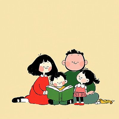 JPG 여자 남자 행복 어린이 일러스트 가족 함께함 따뜻함 사랑 미소 들기 앉기 소녀 소년 여러명 성인 일상 책 독서 화목 국내일러스트 AI일러스트 AI콘텐츠 감정 다수 컨셉 관계 모션 표정 사람 라이프 파일형식