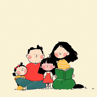 JPG 여자 남자 행복 어린이 일러스트 가족 함께함 따뜻함 사랑 서기 미소 들기 앉기 소녀 여러명 성인 일상 책 독서 화목 국내일러스트 AI일러스트 AI콘텐츠 감정 다수 컨셉 관계 모션 표정 사람 라이프 파일형식