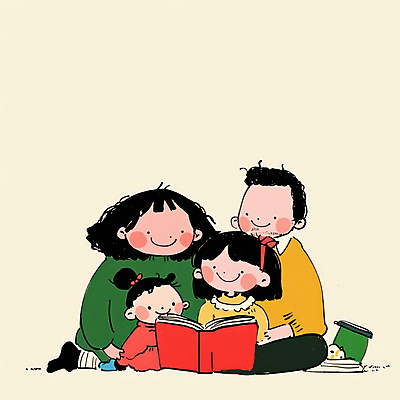 JPG 여자 남자 행복 어린이 일러스트 가족 함께함 따뜻함 사랑 미소 들기 앉기 소녀 여러명 성인 일상 책 독서 화목 국내일러스트 AI일러스트 AI콘텐츠 감정 다수 컨셉 관계 모션 표정 사람 라이프 파일형식