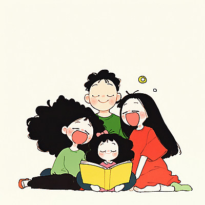 JPG 여자 남자 행복 어린이 일러스트 가족 함께함 따뜻함 사랑 웃음 들기 앉기 소녀 여러명 성인 일상 책 독서 눈감음 화목 국내일러스트 AI일러스트 AI콘텐츠 감정 다수 컨셉 관계 모션 표정 사람 라이프 파일형식