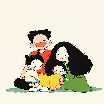 JPG 여자 남자 행복 어린이 일러스트 가족 함께함 따뜻함 사랑 웃음 들기 앉기 소녀 소년 여러명 성인 일상 책 독서 눈감음 화목 국내일러스트 AI일러스트 AI콘텐츠 감정 다수 컨셉 관계 모션 표정 사람 라이프 파일형식