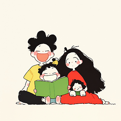 JPG 여자 남자 행복 어린이 일러스트 가족 안기 함께함 따뜻함 사랑 웃음 들기 앉기 소녀 소년 여러명 성인 일상 책 독서 눈감음 화목 국내일러스트 AI일러스트 AI콘텐츠 감정 다수 컨셉 관계 모션 표정 사람 라이프 파일형식