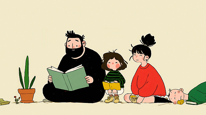 JPG 여자 남자 행복 화분 어린이 일러스트 가족 함께함 따뜻함 사랑 웃음 들기 앉기 소녀 소년 여러명 성인 일상 책 눕기 독서 화목 잠 국내일러스트 AI일러스트 AI콘텐츠 감정 다수 컨셉 관계 모션 표정 사람 라이프 파일형식