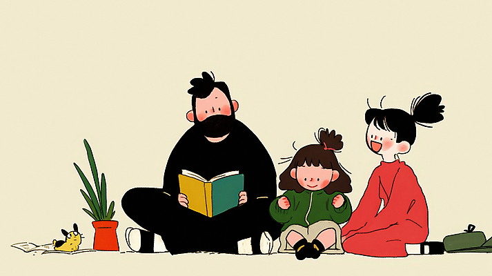 JPG 여자 남자 행복 화분 어린이 일러스트 가족 함께함 따뜻함 사랑 웃음 들기 앉기 소녀 성인 일상 책 세명 독서 화목 흉내 국내일러스트 AI일러스트 AI콘텐츠 감정 컨셉 관계 모션 표정 사람 라이프 파일형식