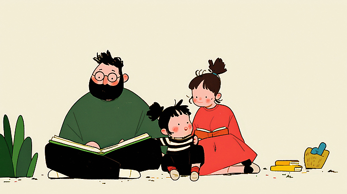 JPG 식물 여자 남자 행복 어린이 일러스트 가족 함께함 따뜻함 사랑 들기 앉기 소녀 성인 일상 책 세명 독서 화목 안경낌 국내일러스트 AI일러스트 AI콘텐츠 감정 안경 컨셉 관계 모션 사람 라이프 파일형식