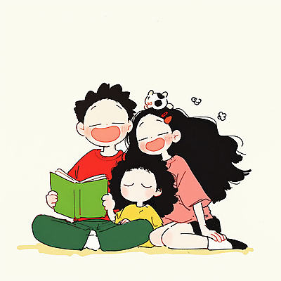 JPG 여자 남자 행복 어린이 일러스트 가족 함께함 따뜻함 사랑 웃음 들기 앉기 소녀 성인 일상 책 세명 독서 눈감음 기댐 화목 국내일러스트 AI일러스트 AI콘텐츠 감정 컨셉 관계 모션 표정 사람 라이프 파일형식