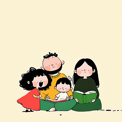 JPG 여자 남자 행복 어린이 일러스트 가족 함께함 따뜻함 사랑 서기 미소 들기 앉기 소녀 소년 여러명 성인 일상 책 독서 화목 국내일러스트 AI일러스트 AI콘텐츠 감정 다수 컨셉 관계 모션 표정 사람 라이프 파일형식