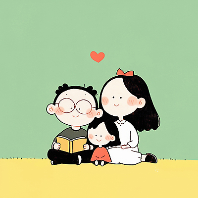 JPG 여자 남자 행복 어린이 일러스트 가족 함께함 따뜻함 사랑 미소 들기 앉기 소녀 성인 일상 책 세명 독서 화목 하트 안경낌 국내일러스트 AI일러스트 AI콘텐츠 모양 감정 안경 컨셉 관계 모션 표정 사람 라이프 파일형식