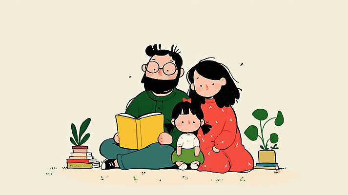 JPG 여자 남자 행복 화분 어린이 일러스트 가족 함께함 따뜻함 사랑 들기 앉기 소녀 성인 일상 책 세명 독서 화목 책더미 안경낌 국내일러스트 AI일러스트 AI콘텐츠 감정 안경 컨셉 관계 모션 사람 라이프 무더기 파일형식