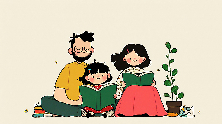 JPG 여자 남자 행복 화분 어린이 일러스트 가족 함께함 따뜻함 사랑 미소 들기 앉기 소녀 성인 일상 책 세명 독서 눈감음 화목 책더미 안경낌 국내일러스트 AI일러스트 AI콘텐츠 감정 안경 컨셉 관계 모션 표정 사람 라이프 무더기 파일형식