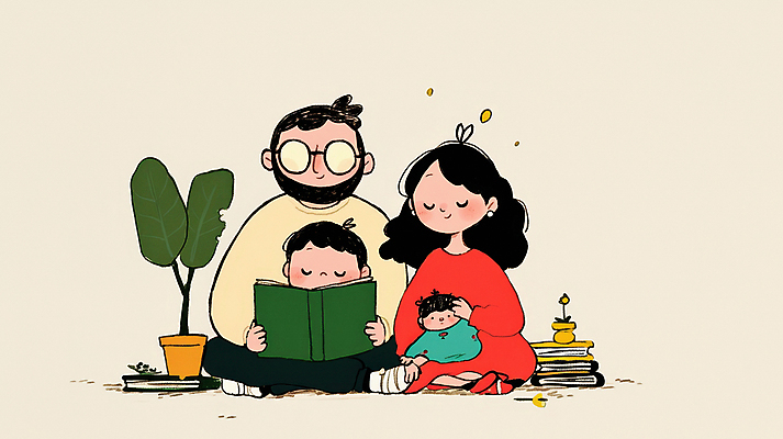 JPG 여자 남자 행복 화분 어린이 일러스트 가족 안기 함께함 따뜻함 사랑 미소 들기 앉기 소년 여러명 성인 일상 책 독서 눈감음 화목 아기 안경낌 국내일러스트 AI일러스트 AI콘텐츠 감정 안경 다수 컨셉 관계 모션 표정 사람 라이프 파일형식