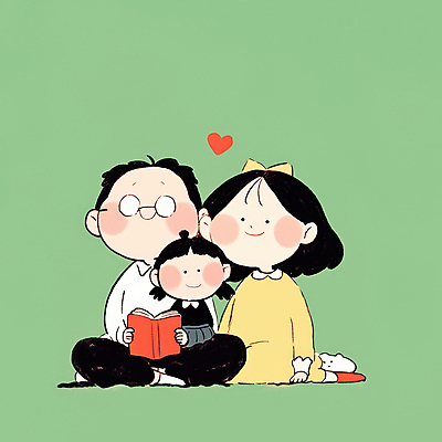 JPG 여자 남자 행복 어린이 일러스트 가족 함께함 따뜻함 사랑 미소 들기 앉기 소녀 성인 일상 책 세명 독서 화목 하트 공감 안경낌 국내일러스트 AI일러스트 AI콘텐츠 모양 감정 안경 컨셉 관계 모션 표정 사람 라이프 파일형식