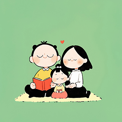 JPG 여자 남자 행복 어린이 일러스트 가족 함께함 따뜻함 사랑 미소 들기 앉기 소녀 성인 일상 책 세명 독서 눈감음 화목 하트 돗자리 국내일러스트 AI일러스트 AI콘텐츠 모양 감정 컨셉 관계 모션 표정 사람 라이프 파일형식
