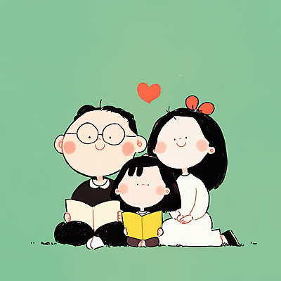JPG 여자 남자 행복 어린이 일러스트 가족 함께함 따뜻함 사랑 미소 들기 앉기 소녀 성인 일상 책 세명 독서 화목 하트 안경낌 국내일러스트 AI일러스트 AI콘텐츠 모양 감정 안경 컨셉 관계 모션 표정 사람 라이프 파일형식