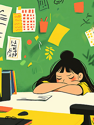JPG 학생 여자 종이 어린이 엎드리기 일러스트 피곤 한명 소녀 상반신 초록색 학습 눈감음 짜증 낙서 졸음 책상 포스트잇 소녀한명만 국내일러스트 AI일러스트 AI콘텐츠 1 교육 감정 컬러 가구 컨셉 모션 사람 메모지 여자한명만 소녀만 파일형식