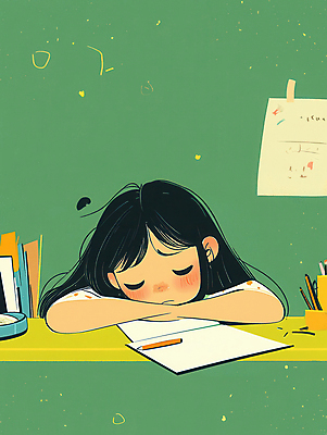 JPG 학생 여자 종이 어린이 엎드리기 일러스트 피곤 한명 소녀 상반신 초록색 학습 필기구 눈감음 공책 짜증 졸음 책상 포스트잇 그림 소녀한명만 국내일러스트 AI일러스트 AI콘텐츠 1 교육 감정 컬러 가구 컨셉 모션 문구용품 사람 메모지 여자한명만 소녀만 파일형식