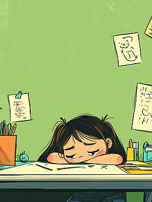 JPG 학생 여자 종이 어린이 엎드리기 일러스트 피곤 한명 소녀 상반신 초록색 학습 필기구 짜증 낙서 지루함 책상 포스트잇 연필꽂이 소녀한명만 국내일러스트 AI일러스트 AI콘텐츠 1 교육 감정 컬러 가구 컨셉 모션 문구용품 사람 메모지 여자한명만 소녀만 파일형식