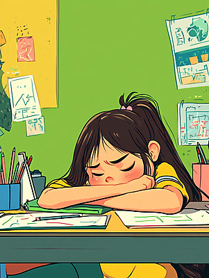 JPG 학생 여자 종이 어린이 엎드리기 일러스트 피곤 한명 소녀 상반신 초록색 학습 필기구 눈감음 공책 짜증 졸음 책상 포스트잇 연필꽂이 소녀한명만 국내일러스트 AI일러스트 AI콘텐츠 1 교육 감정 컬러 가구 컨셉 모션 문구용품 사람 메모지 여자한명만 소녀만 파일형식