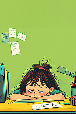 JPG 학생 여자 종이 어린이 엎드리기 일러스트 피곤 한명 소녀 상반신 초록색 학습 필기구 짜증 졸음 지루함 책상 포스트잇 연필꽂이 소녀한명만 국내일러스트 AI일러스트 AI콘텐츠 1 교육 감정 컬러 가구 컨셉 모션 문구용품 사람 메모지 여자한명만 소녀만 파일형식