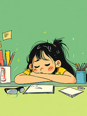 JPG 학생 여자 종이 안경 어린이 엎드리기 일러스트 피곤 한명 소녀 상반신 초록색 학습 눈감음 졸음 책상 포스트잇 연필꽂이 소녀한명만 국내일러스트 AI일러스트 AI콘텐츠 1 잡화 교육 감정 컬러 가구 컨셉 모션 문구용품 사람 메모지 여자한명만 소녀만 파일형식