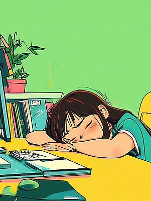 JPG 학생 여자 화분 종이 어린이 엎드리기 일러스트 피곤 한명 소녀 상반신 책 초록색 학습 필기구 눈감음 공책 짜증 졸음 지루함 책상 포스트잇 소녀한명만 국내일러스트 AI일러스트 AI콘텐츠 1 교육 감정 컬러 가구 컨셉 모션 문구용품 사람 메모지 여자한명만 소녀만 파일형식