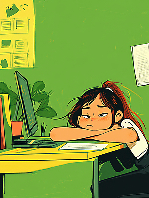 JPG 학생 여자 종이 어린이 엎드리기 잎 일러스트 피곤 한명 소녀 상반신 초록색 학습 컴퓨터 짜증 졸음 지루함 책상 소녀한명만 국내일러스트 AI일러스트 AI콘텐츠 식물 1 교육 감정 컬러 가구 컨셉 모션 사람 전자제품 여자한명만 소녀만 파일형식