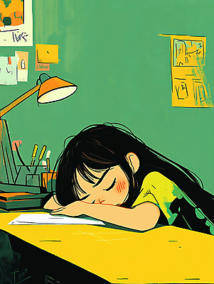 JPG 학생 여자 종이 어린이 엎드리기 일러스트 조명 피곤 한명 소녀 상반신 초록색 학습 필기구 눈감음 짜증 졸음 책상 포스트잇 소녀한명만 국내일러스트 AI일러스트 AI콘텐츠 1 교육 감정 컬러 가구 컨셉 모션 문구용품 사람 메모지 여자한명만 소녀만 파일형식