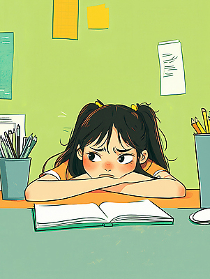 JPG 학생 여자 어린이 엎드리기 일러스트 피곤 한명 소녀 상반신 초록색 학습 필기구 공책 짜증 책상 포스트잇 연필꽂이 소녀한명만 국내일러스트 AI일러스트 AI콘텐츠 1 교육 감정 컬러 가구 컨셉 모션 문구용품 사람 메모지 여자한명만 소녀만 파일형식