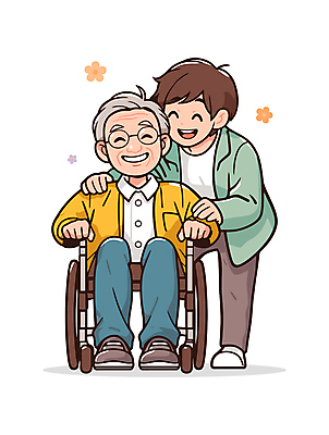 전신 노년 남자 꽃 일러스트 따뜻함 건강 숙이기 서기 웃음 앉기 성인 두명 노란색 도움 간호 복지 휠체어 노인복지 요양보호사 동행 보살핌 남자만 일러캐릭터 AI파일 식물 직업 캐릭터 컬러 포즈 컨셉 모션 표정 사람 사회이슈 파일형식 벡터