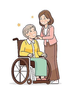 전신 여자 노년 꽃 일러스트 따뜻함 건강 서기 웃음 앉기 성인 두명 도움 간호 복지 휠체어 노인복지 요양보호사 동행 보살핌 여자만 일러캐릭터 AI파일 식물 직업 캐릭터 컨셉 모션 표정 사람 사회이슈 파일형식 벡터