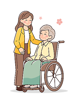 전신 여자 노년 꽃 일러스트 따뜻함 건강 서기 웃음 앉기 성인 두명 도움 간호 복지 휠체어 노인복지 요양보호사 동행 보살핌 여자만 일러캐릭터 AI파일 식물 직업 캐릭터 컨셉 모션 표정 사람 사회이슈 파일형식 벡터