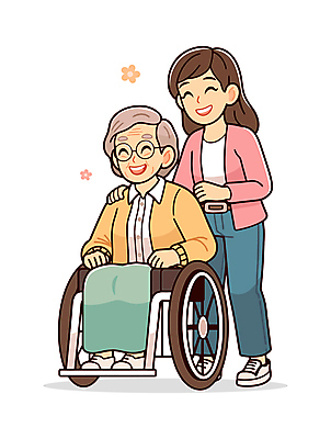 전신 여자 노년 꽃 일러스트 따뜻함 건강 서기 웃음 앉기 성인 두명 도움 밀기 간호 복지 휠체어 노인복지 요양보호사 동행 보살핌 여자만 일러캐릭터 AI파일 식물 직업 캐릭터 컨셉 모션 표정 사람 사회이슈 파일형식 벡터