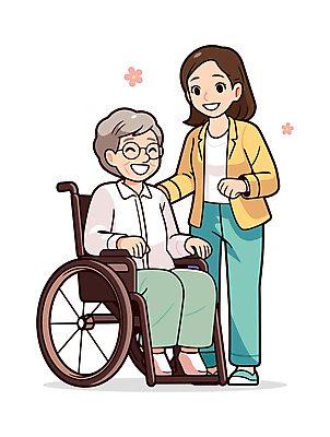 전신 여자 노년 꽃 일러스트 따뜻함 건강 서기 웃음 앉기 성인 두명 노란색 도움 간호 복지 휠체어 노인복지 요양보호사 동행 보살핌 여자만 일러캐릭터 AI파일 식물 직업 캐릭터 컬러 컨셉 모션 표정 사람 사회이슈 파일형식 벡터