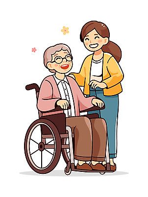 전신 여자 노년 남자 꽃 일러스트 따뜻함 건강 서기 웃음 앉기 성인 두명 도움 간호 복지 휠체어 노인복지 요양보호사 동행 보살핌 일러캐릭터 AI파일 식물 직업 캐릭터 컨셉 모션 표정 사람 사회이슈 파일형식 벡터