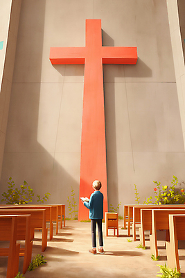 JPG 전신 응시 남자 종교 벽 십자가 의자 일러스트 실내 그림자 한명 서기 성인 빛 교회 신성 성인남자한명만 국내일러스트 AI일러스트 AI콘텐츠 1 시선 가구 종교건축 모션 사람 내부 건물 남자한명만 성인남자만 파일형식