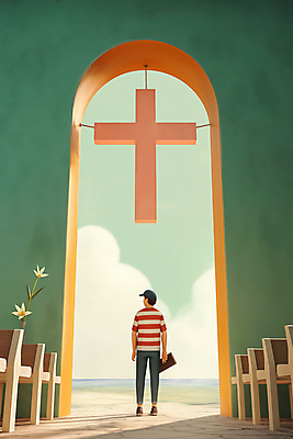 JPG 전신 구름 남자 꽃 종교 벽 십자가 의자 일러스트 하늘 출입구 그림자 한명 서기 사람 성인 파란색 빛 교회 홀 신성 성인남자한명만 국내일러스트 AI일러스트 AI콘텐츠 자연요소 식물 1 컬러 가구 종교건축 모션 건물 공간 남자한명만 성인남자만 파일형식