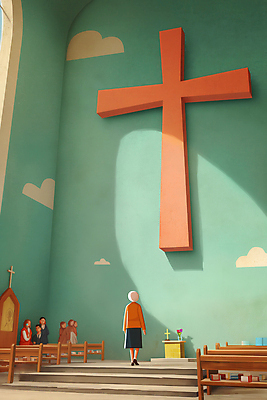 JPG 전신 여자 노년 남자 종교 벽 하늘색 십자가 의자 일러스트 실내 그림자 서기 여러명 성인 빛 교회 홀 신성 구름모양 국내일러스트 AI일러스트 AI콘텐츠 모양 가구 다수 종교건축 모션 사람 내부 건물 파란색 공간 파일형식 구름_자연