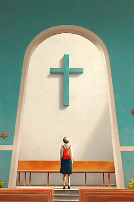 JPG 전신 구름 여자 종교 벽 하늘색 십자가 의자 가방 일러스트 실내 그림자 한명 서기 사람 성인 빛 교회 홀 신성 성인여자한명만 국내일러스트 AI일러스트 AI콘텐츠 자연요소 1 잡화 가구 종교건축 모션 내부 건물 파란색 공간 여자한명만 성인여자만 파일형식