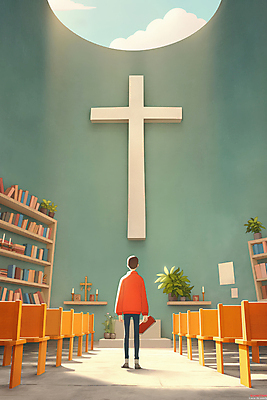 JPG 전신 구름 남자 종교 화분 벽 십자가 의자 일러스트 하늘 책장 실내 그림자 한명 서기 들기 성인 책 빛 교회 구멍 천장 신성 성인남자한명만 국내일러스트 AI일러스트 AI콘텐츠 자연요소 1 가구 종교건축 모션 사람 내부 건물 남자한명만 성인남자만 파일형식