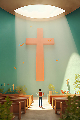 JPG 전신 구름 남자 종교 벽 십자가 의자 일러스트 조류 하늘 실내 그림자 한명 서기 사람 성인 빛 교회 손들기 홀 구멍 천장 신성 성인남자한명만 국내일러스트 AI일러스트 AI콘텐츠 자연요소 동물 1 가구 종교건축 모션 내부 건물 공간 남자한명만 성인남자만 파일형식