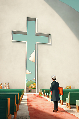 JPG 전신 나무 구름 남자 종교 벽 십자가 의자 일러스트 창문 하늘 실내 그림자 한명 서기 들기 성인 빛 교회 홀 구멍 신도 신성 성인남자한명만 국내일러스트 AI일러스트 AI콘텐츠 자연요소 식물 1 가구 종교건축 모션 사람 내부 건물 공간 남자한명만 성인남자만 파일형식