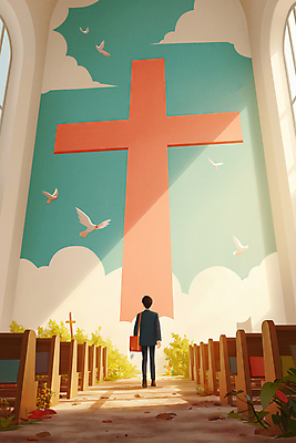 JPG 전신 남자 종교 벽 십자가 잎 의자 가방 일러스트 창문 실내 그림자 한명 서기 들기 사람 성인 빛 교회 평화 홀 비둘기 신성 구름모양 성인남자한명만 국내일러스트 AI일러스트 AI콘텐츠 모양 식물 1 잡화 가구 컨셉 종교건축 모션 조류 내부 건물 공간 남자한명만 성인남자만 파일형식 구름_자연